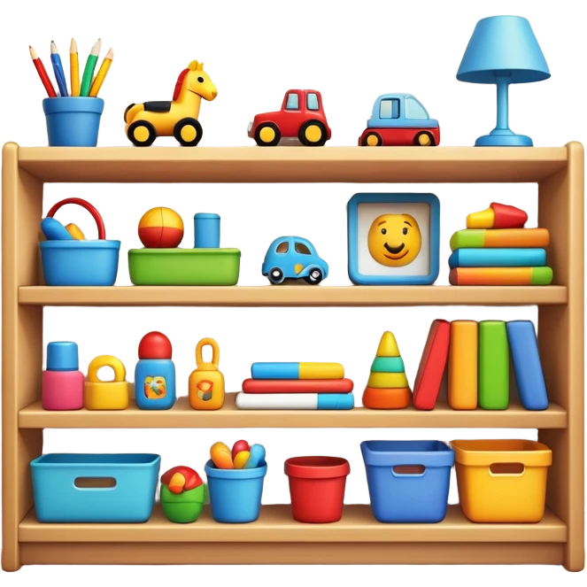 tidy room with toys neatly arranged on shelves, clear and inviting emoji