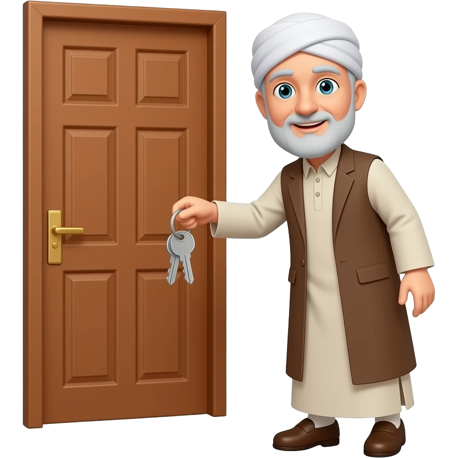 пожилой мужчина мусульманин с ключами подходит к деревянной двери emoji