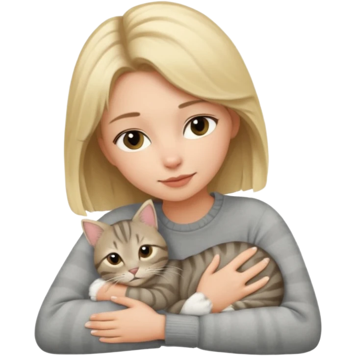 Blonde woman snuggling gray tabby cat emoji