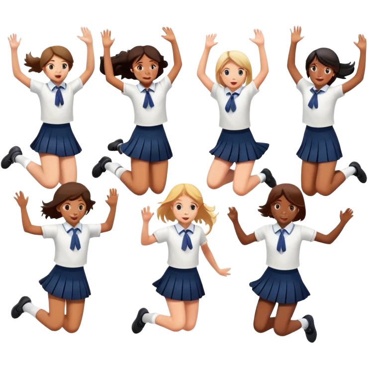 six girls in school uniforms jumping together emoji