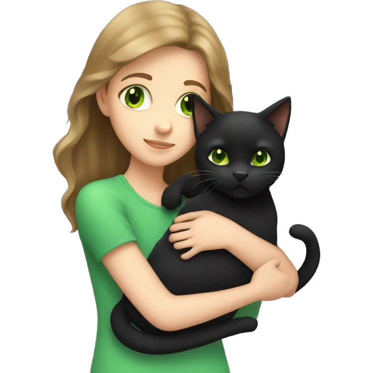 White brown-haired girl hugging black cat with green eyes emoji