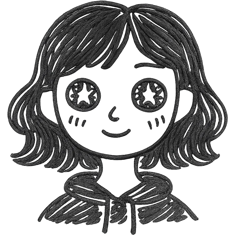 A cute girl with white skin, dark wavy hair just below her shoulders, green eyes, fair skin, a soft pink blush, and burning stars in her eyes. She has a thin neck and is wearing a black hoodie. The girl has long bangs styled on both sides of her face. emoji