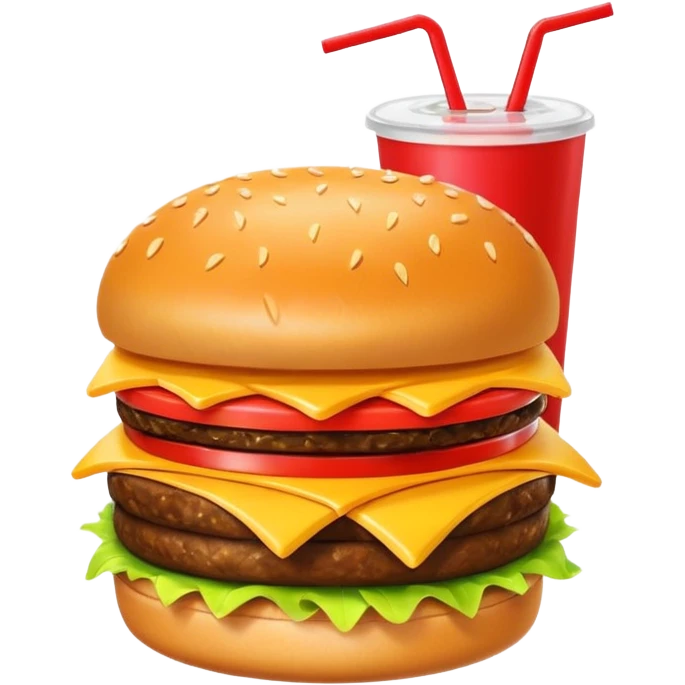 A clean and simple icon of fast food in emoji-style illustration. A burger with fries and a soda cup, bright and bold colors, simple shapes, flat design, high contrast, inviting and appetizing. emoji