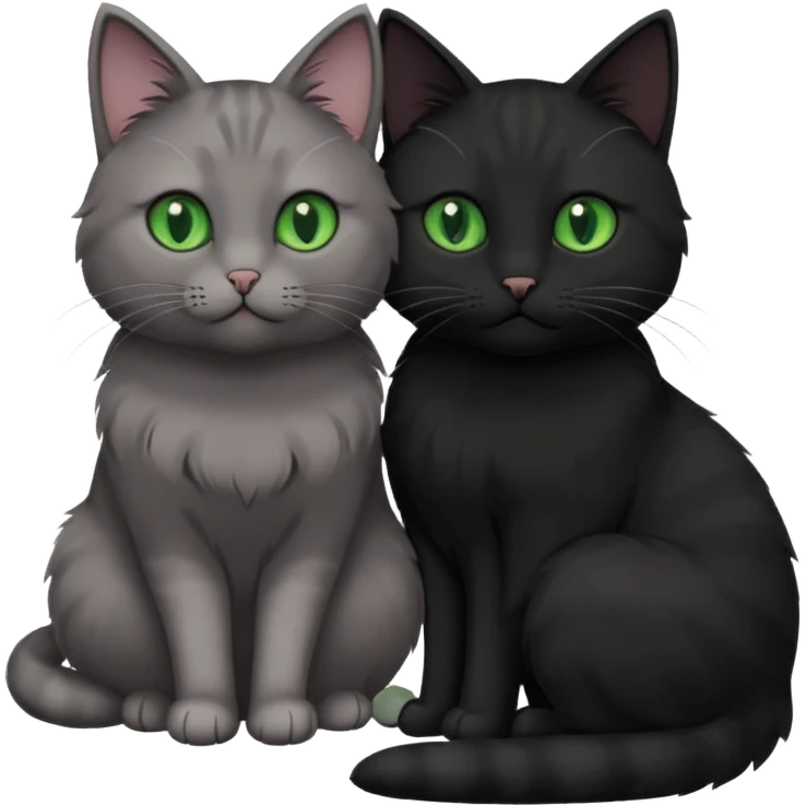 1 grey cat with green eyes and 1 black with green eyes cat cuddling emoji