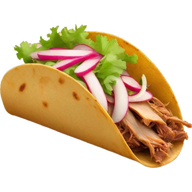 A cartoony Pulled pork taco with a few radish shreds topped  emoji