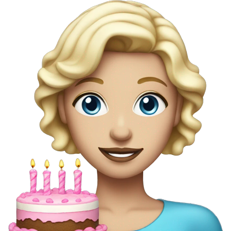 Blonde woman with blue eyes holding a pink birthday cake  emoji