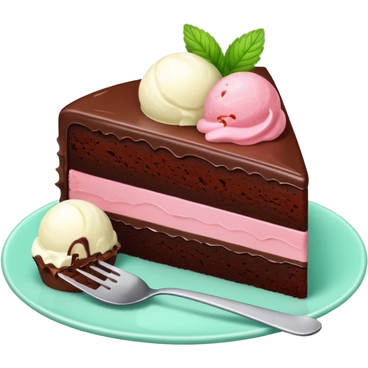 Slice of chocolate cake with strawberry icing and a scoop of mint ice cream on the side emoji