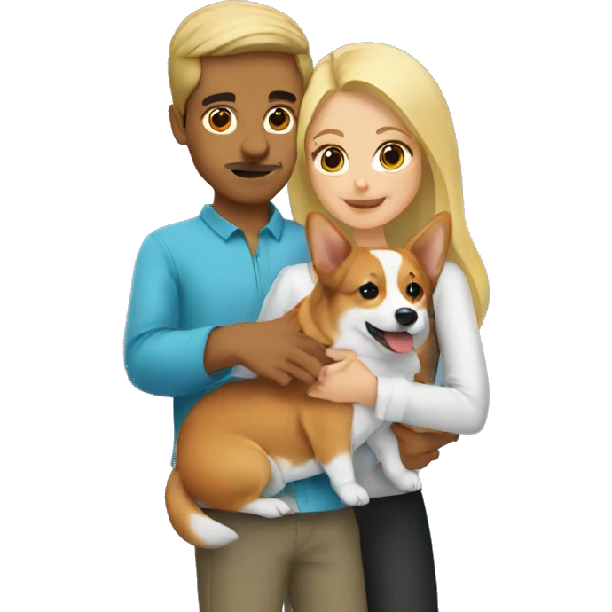 blonde girl with arab guy holding a corgi in their arms emoji