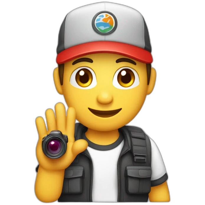 Un chico con una gorra para atras roja con una camara en la mano emoji