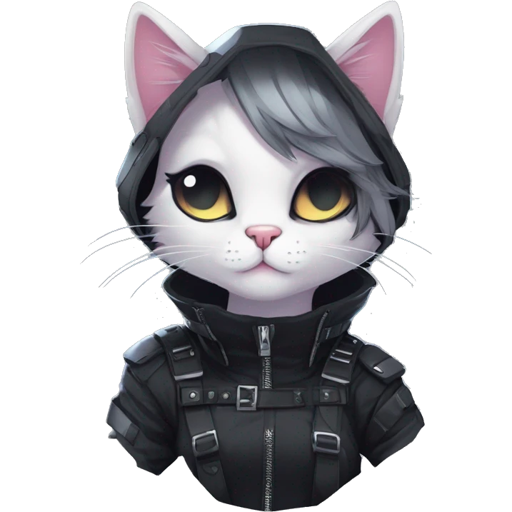 Gorgeous edgy epic futuristic punk gothic dark techwear anime style anthro cat with blushing face aesthetic and pretty edgy black with collar and harness trending style emoji