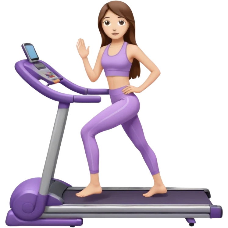 girl with long brown hair on treadmill wearing light purple yoga set emoji