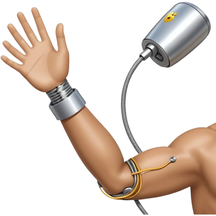 3D render of Bionic Arm, futuristic cyborg aesthetic, fusion of organic skin and chrome metal, polished silver metal arm attached to a tan skin shoulder, exposed wiring, Apple emoji style, isolated on white background --v 6.0. emoji