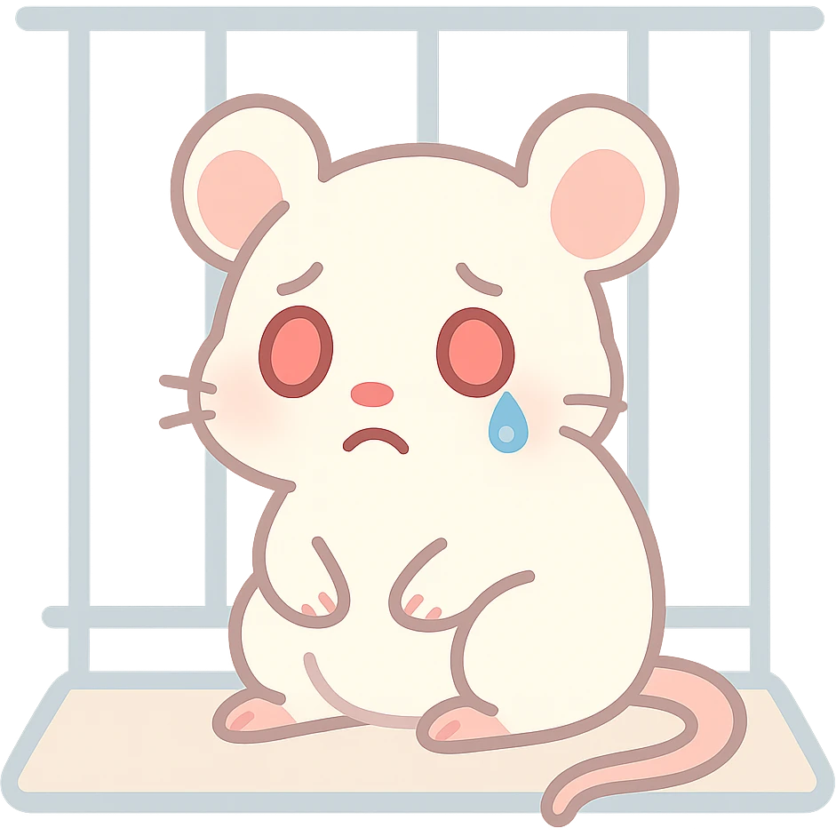 A sad lab rat with red glowing eyes, a tear on its cheek, drooping tail, white fur, sitting in a cage, cartoon style with emotional details. emoji