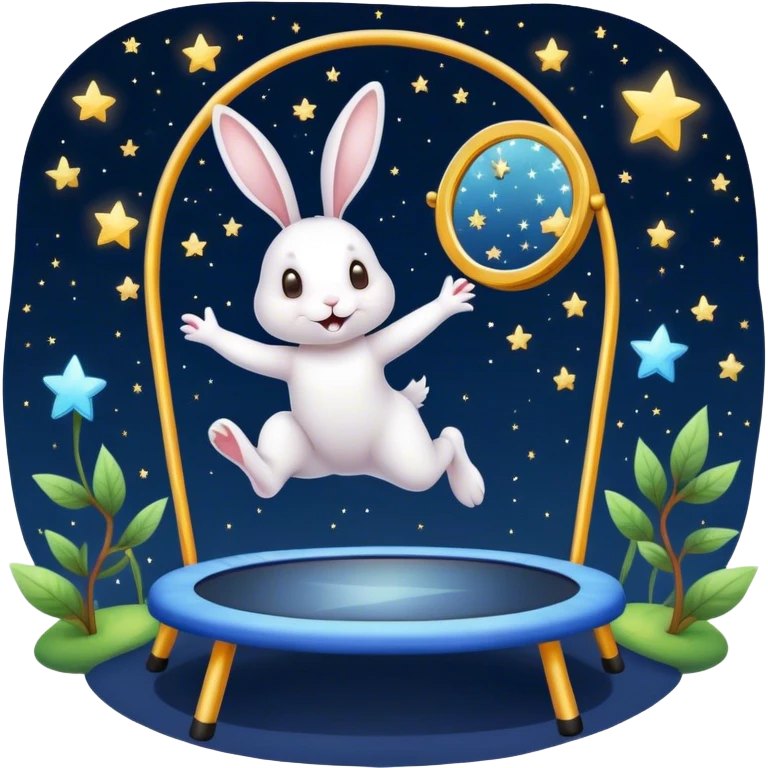 rabbit jumping on trampoline with faeries and starry sky and mirror emoji