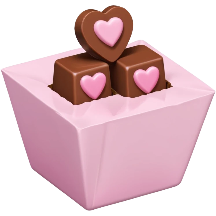 Two square milk chocolate , Each praline is a sharp-edged cube with smooth glossy chocolate coating, placed in a small white fluted paper candy cup. On top of each cube is a flat pastel pink heart-shaped icing emoji