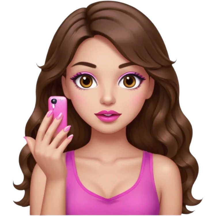 girl with long wavy brown hair, brown eyes, light to medium complexion, in a pink sexy top, pink puckered lips, long lashes, showing a manicure emoji