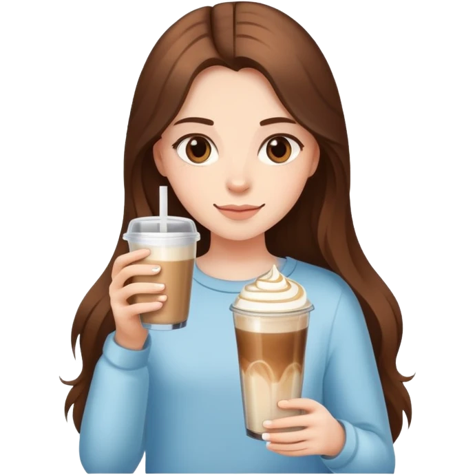 girl with long brown hair has ice latte coffee in glasse cup emoji