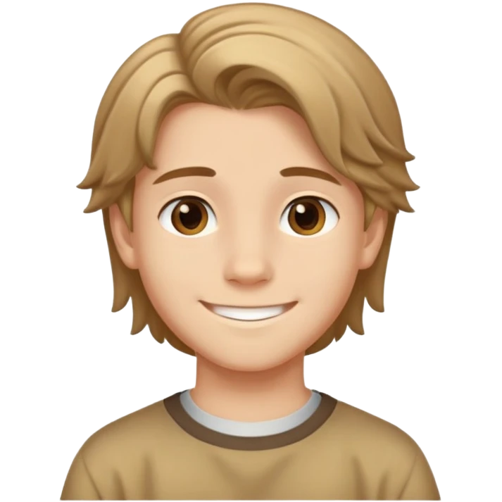 Teen boy with light complexion, brown curtain hair, middle part hairstyle, smiling face, 14 years old emoji