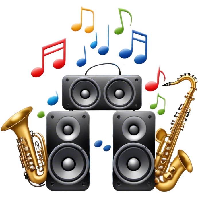 Icon for R&B Music Listening: large concert speakers and headphones with waves of musical notes coming out, along with drums, bass guitar and saxophone. The icon should convey the energetic and rhythmic vibe of R&B music. Transparent background emoji