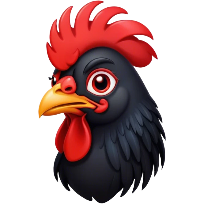 Cinematic Cute Black Rooster Portrait Emoji, Head tilted playfully and inquisitively, featuring a glossy, immaculate black plumage with a vibrant red comb, round, sparkling eyes filled with curiosity, Simplified yet irresistibly adorable features, highly detailed, glowing with a warm, friendly glow, high shine, affectionate and spirited, stylized with a touch of farmyard whimsy, bright and endearing, soft glowing outline, capturing the essence of a mischievous yet loving rooster, so playful it feels like it could strut out of the screen and into your arms! emoji