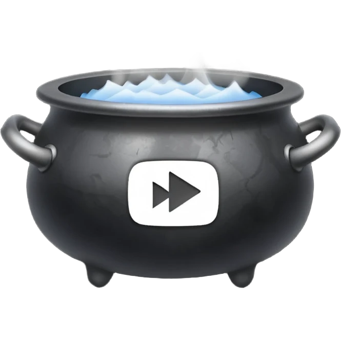 A black cauldron with smoke rising, and the white YouTube play button logo floating above the smoke emoji