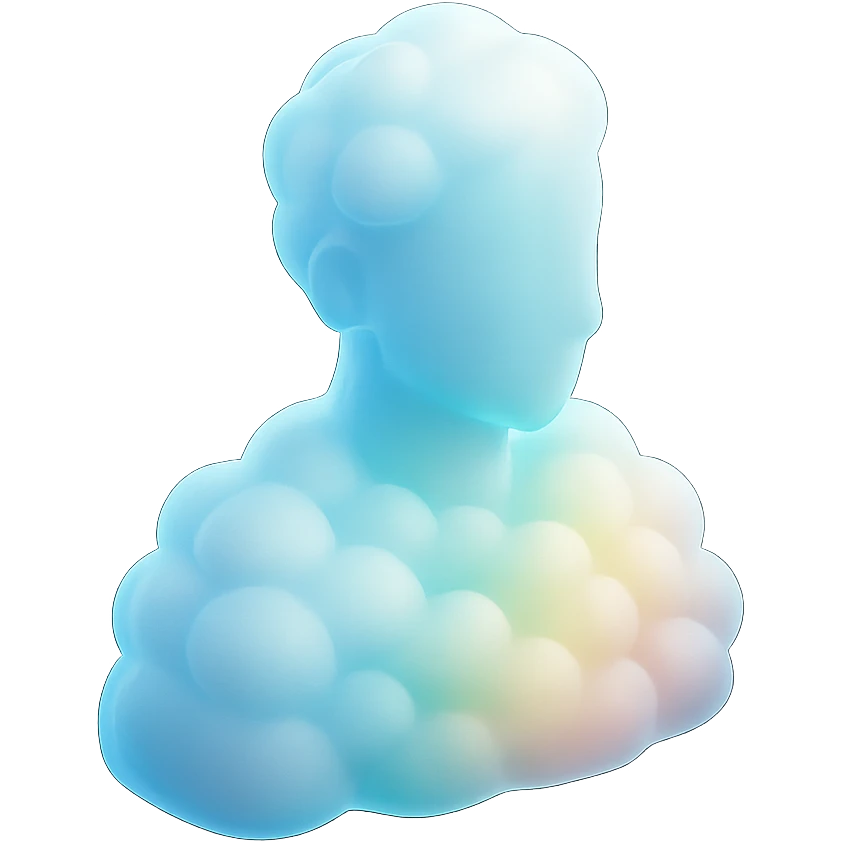 person made entirely of bright, voluminous clouds up to shoulders, matte glass style, bright colors, voluminous clouds emoji