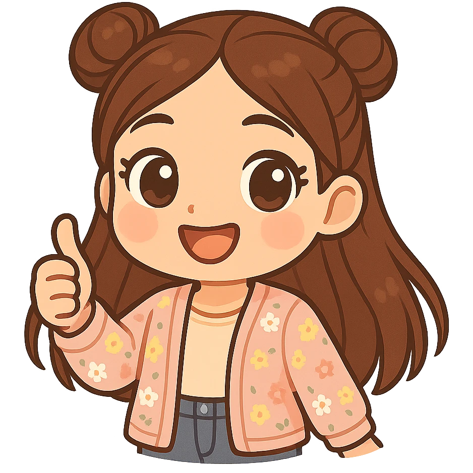 Create a chibi sticker of the girl from the reference image, showing a thumbs up and looking happy. She has brown straight hair styled in double buns, brown eyes, wearing a pastel floral cardigan and jeans. The sticker should have a white outline and a transparent background, sized 512x512px. emoji