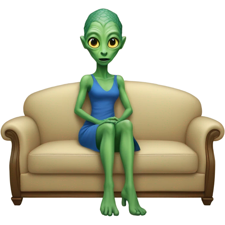 green alien reptilian woman in blue dress, sitting on a beige couch  emoji