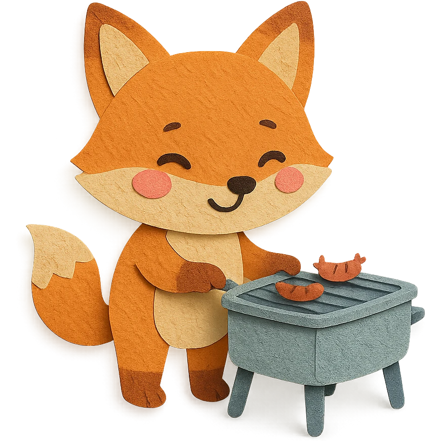 pastel grey electric grill fox cooking tiny sausages, blushing, full-body emoji