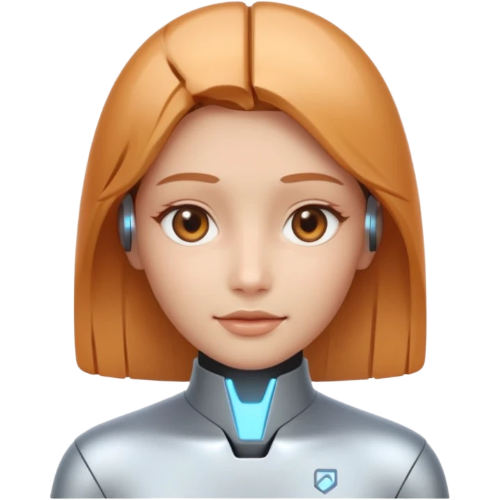 AI Support Agent holo-human-like Cyber AI face, warm, calm and friendly. Holographic look.Soft AI face with a listening, welcoming expression, minimal facial lines, calm eyes.  emoji