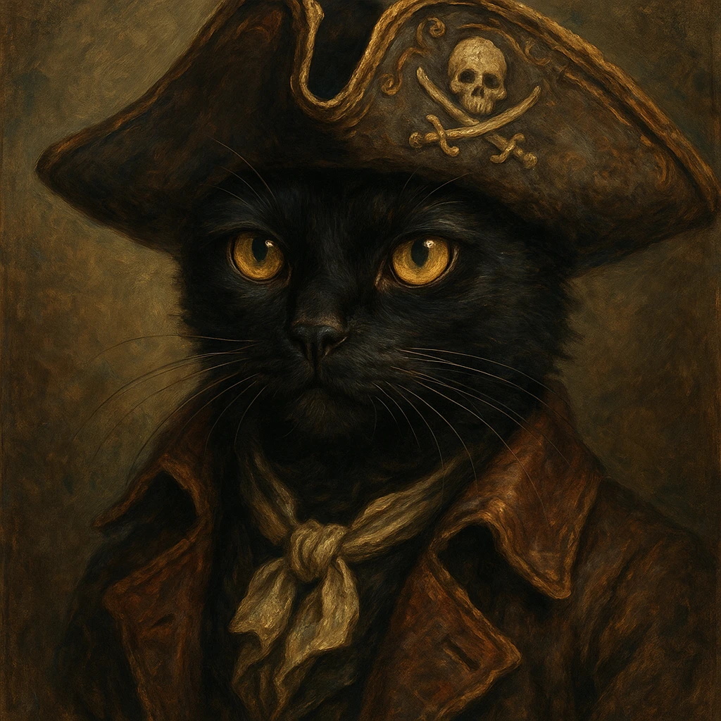 black cat with a pirate hat, style 2, detailed, artistic emoji