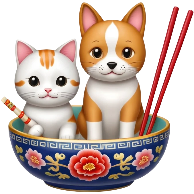 Dog and cat sitting in Chinese bowl with chopsticks  emoji
