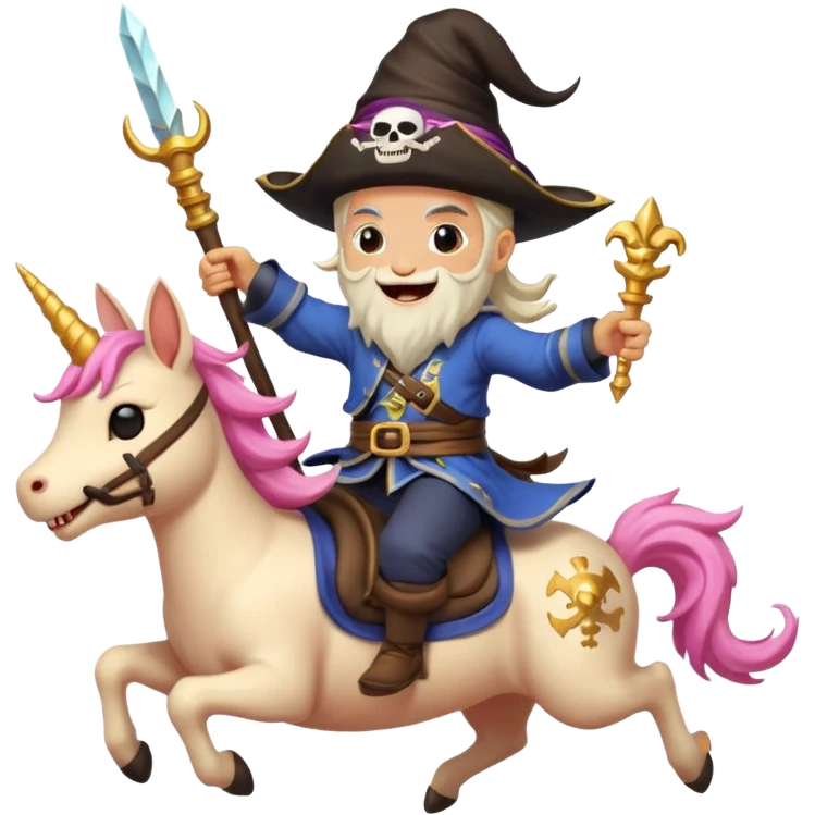 Crazy pirate ninja wizard riding a caticorn laughing madly emoji