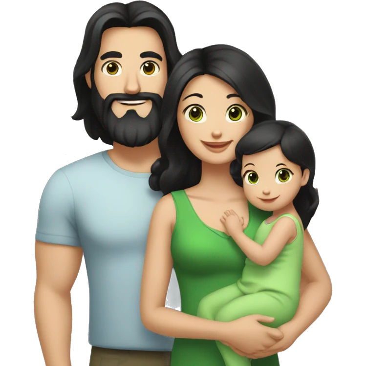 dad with black beard, white skin mom with long straight black hair and green eyes, and baby girl  with black hair emoji