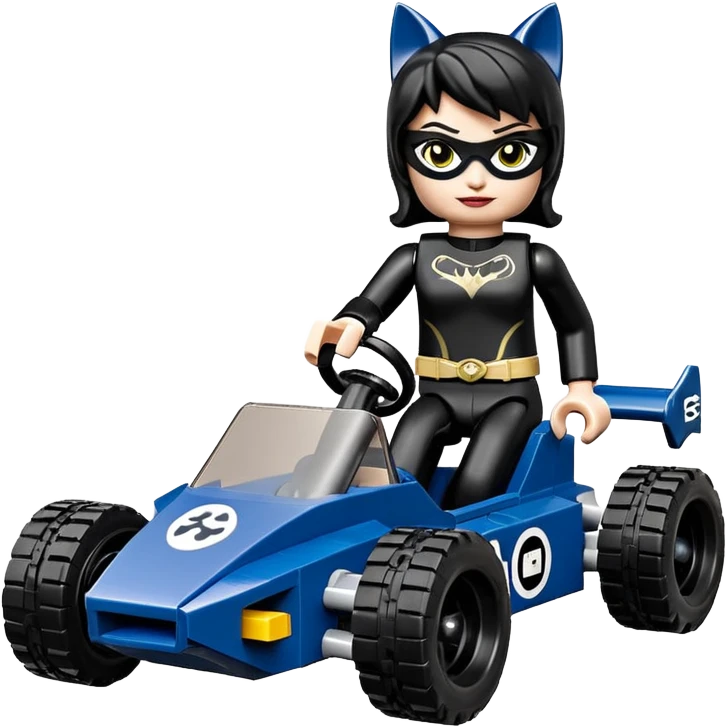 full size real-appearance road racing sexy buxom CatWoman’s feminine midnight-colored tight outfit sixty’s tv show dark stealthy accurate sporty safe plush deluxe Lego off-road pursuit drifting car lexus (black hair,reclining and relaxed torso and shoulders back against seat) rallycross kart  emoji
