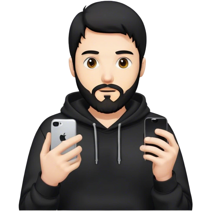 hackeur blanc cheveux noir barbe et capuche noir avec iphone emoji