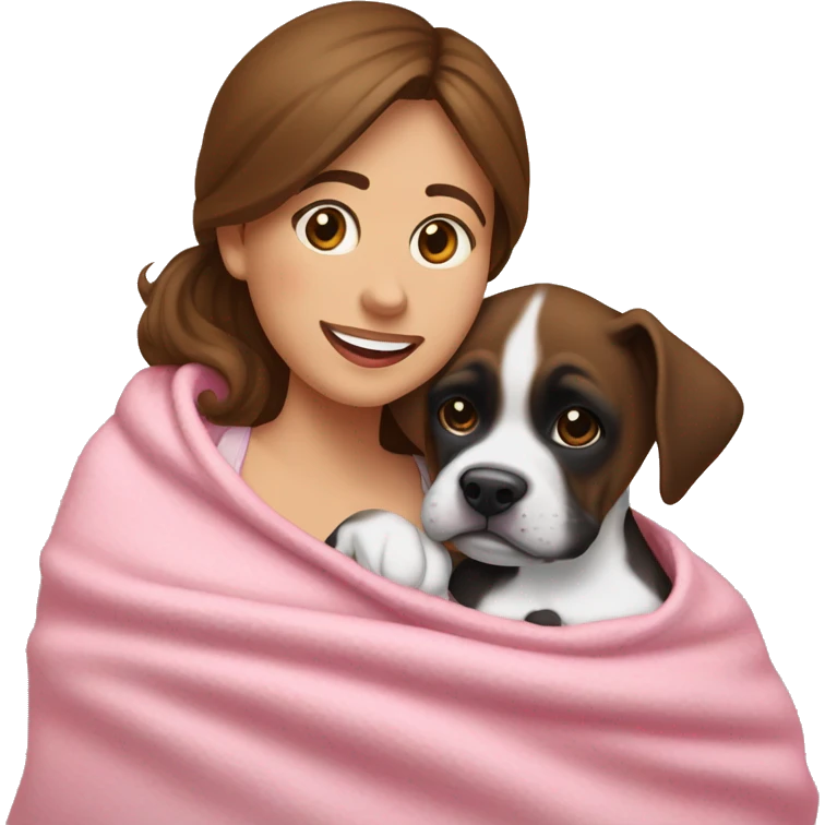 a woman with brown hair is cradling her puppy in a pink baby blanket. the puppy is a black and white boxer dog. the woman is smiling with mouth ajar. you can see the woman cradling the puppy like a baby from her waist up.  emoji