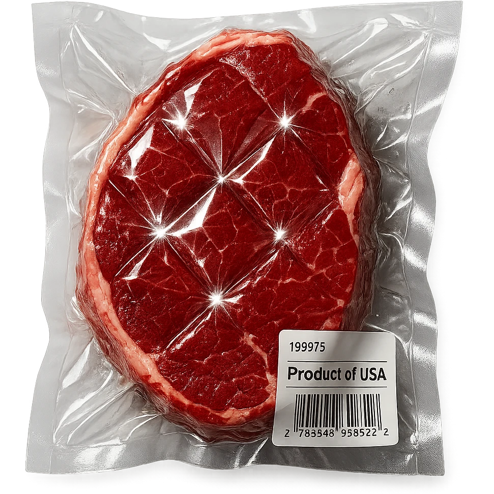 steak with diamond facets and sparkling highlights, glossy and puffy vacuum-sealed style emoji