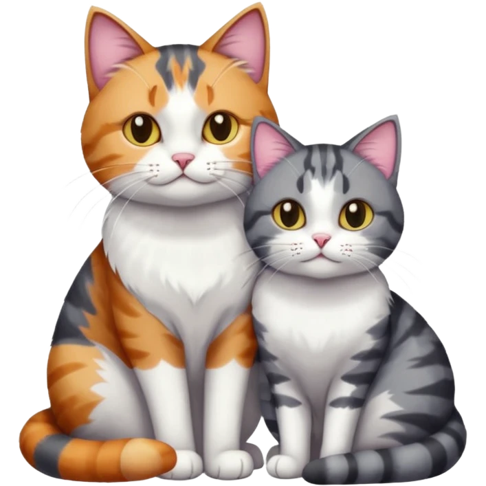 full body colourful light patched calico + white tabby cat cuddling a bigger cat that is dark grey and white tabby cat  and they are in love emoji
