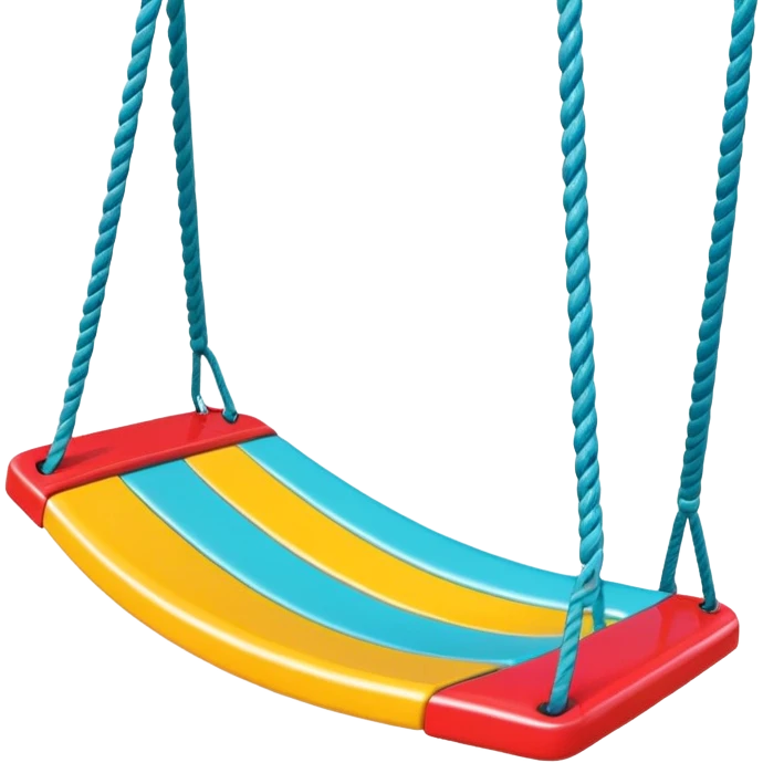 a colorful plastic swing with a safety bar in front, hanging from two ropes, glossy surface and soft shadows emoji