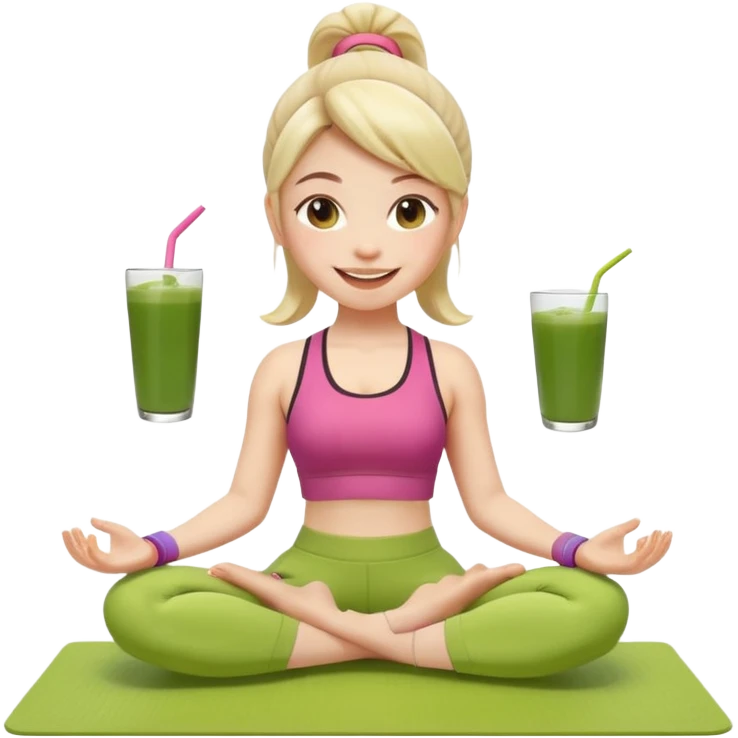 Девушка-мемоджи радостно сидит на коврике для йоги, в спортивной позе, в ярком стильном спортивном комплекте. Лицо сияющее, улыбка очень довольная и счастливая, в руках яркий стакан освежающего матча-лимонада, вокруг атмосфера свежести, отдыха и комфорта. Белый фон. 2 руки и 2 ноги emoji