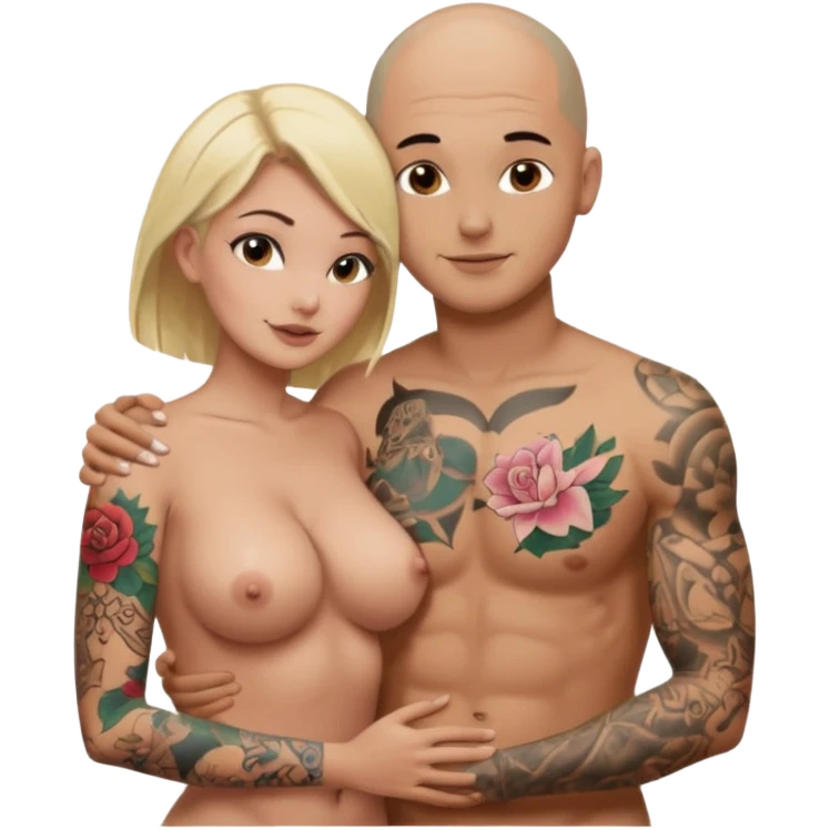 throuple tattooed sleeves bbald male with topless naked big boobed brunette and topless naked big boobed blonde girlfriends  lovingl  and sexy polygamy  emoji