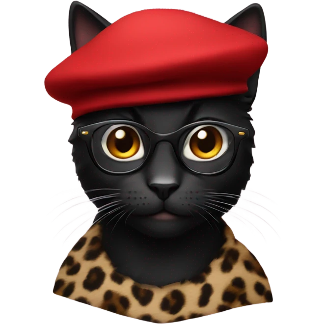 Black cat wearing a red beret with leopard glasses emoji