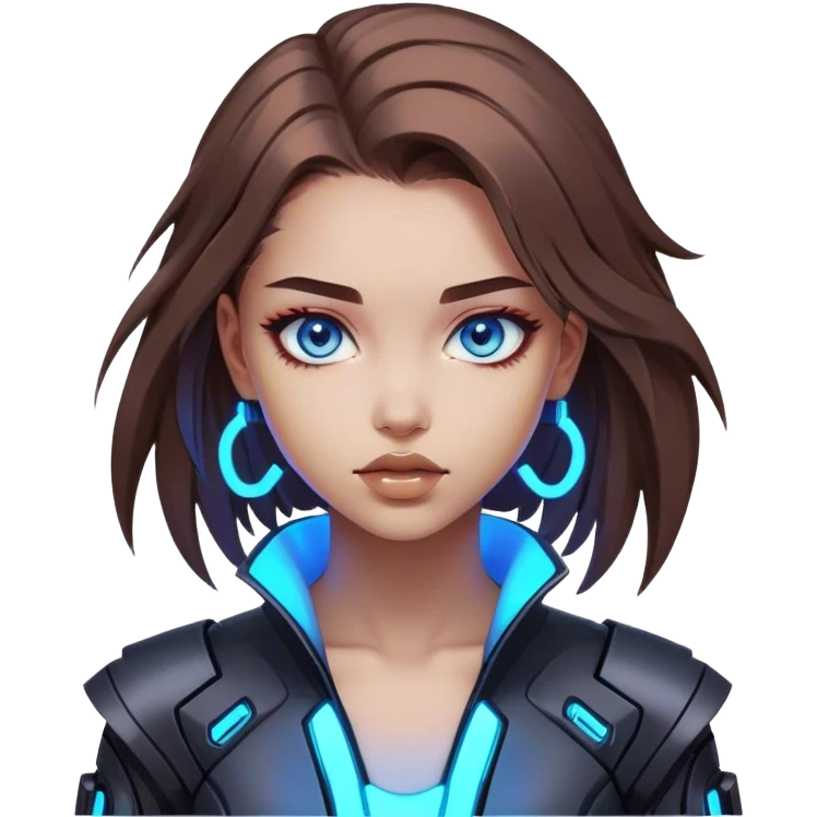 Neon cyberpunk style 
girl with brown hair and blue eyes 
shoots emoji