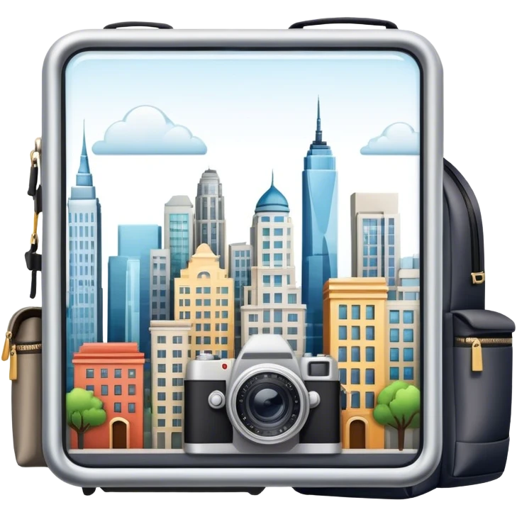 Icon for Urban Tourism: city skyline with iconic buildings, a camera and a backpack. The icon should represent the exploration of urban destinations, with elements like streets, landmarks, and vibrant city life. Transparent background. emoji