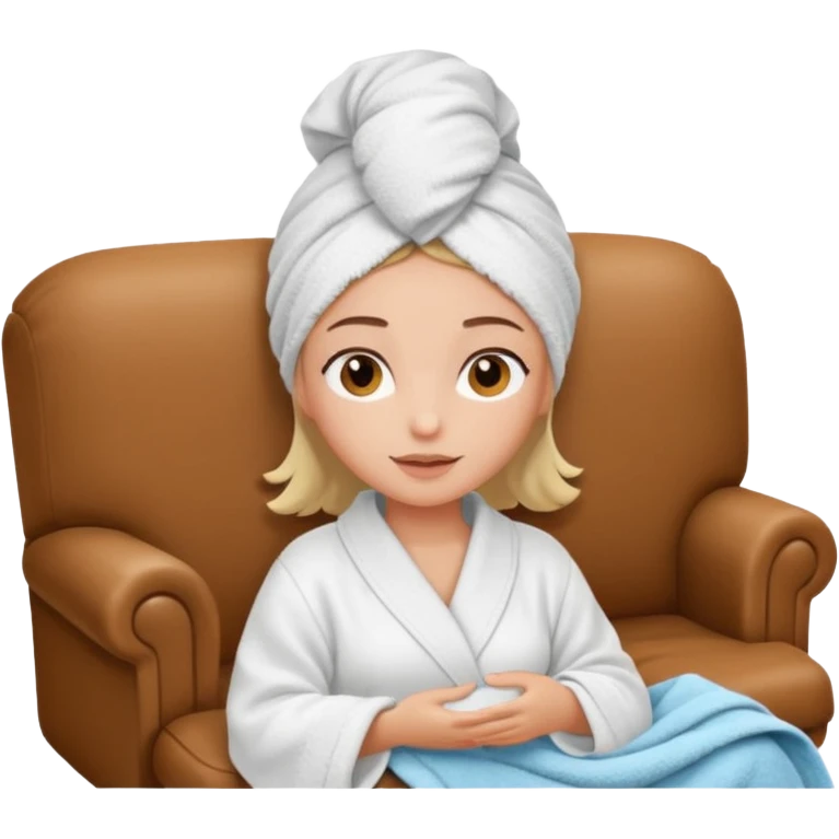 spa A contented and relaxed girl with a towel on her head in a white robe lies on a couch. The icon displays the couch and the girl in full three-quarter view. emoji
