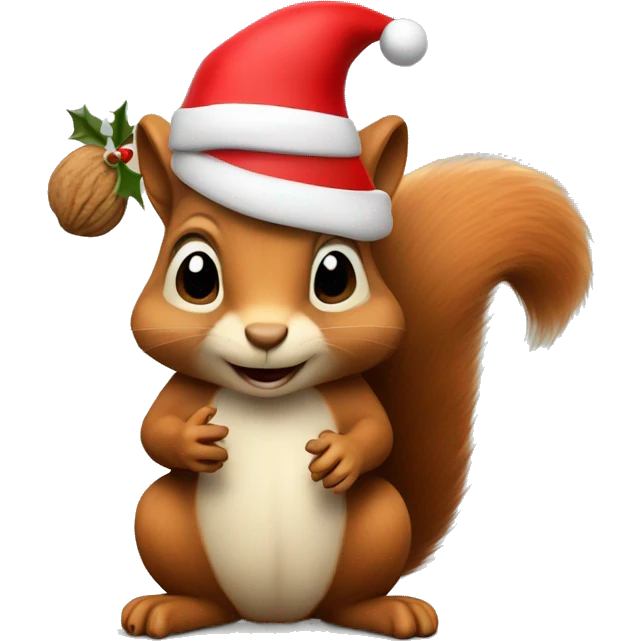 squirrel holding some walnuts and wearing a christmas hat emoji