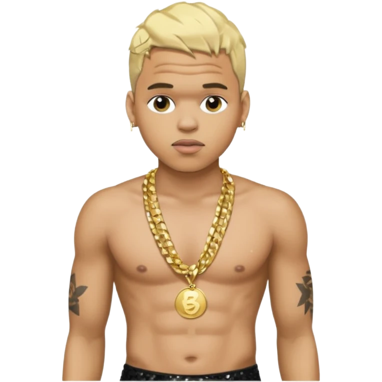 Chris Brown with blonde hair, black sequin baggy pants, shirtless with necklace emoji