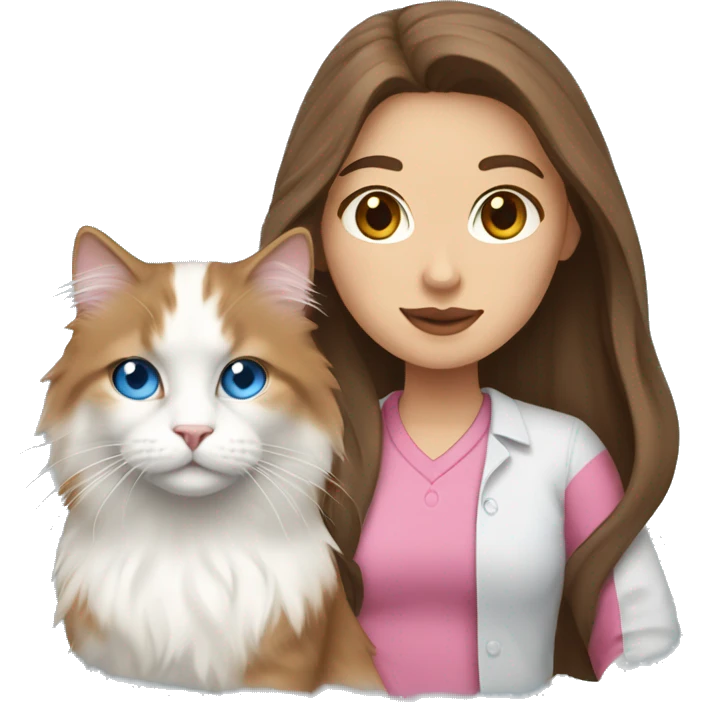 woman with long brown hair and pink shirt and holding a all white Siberian cat with blue eyes emoji
