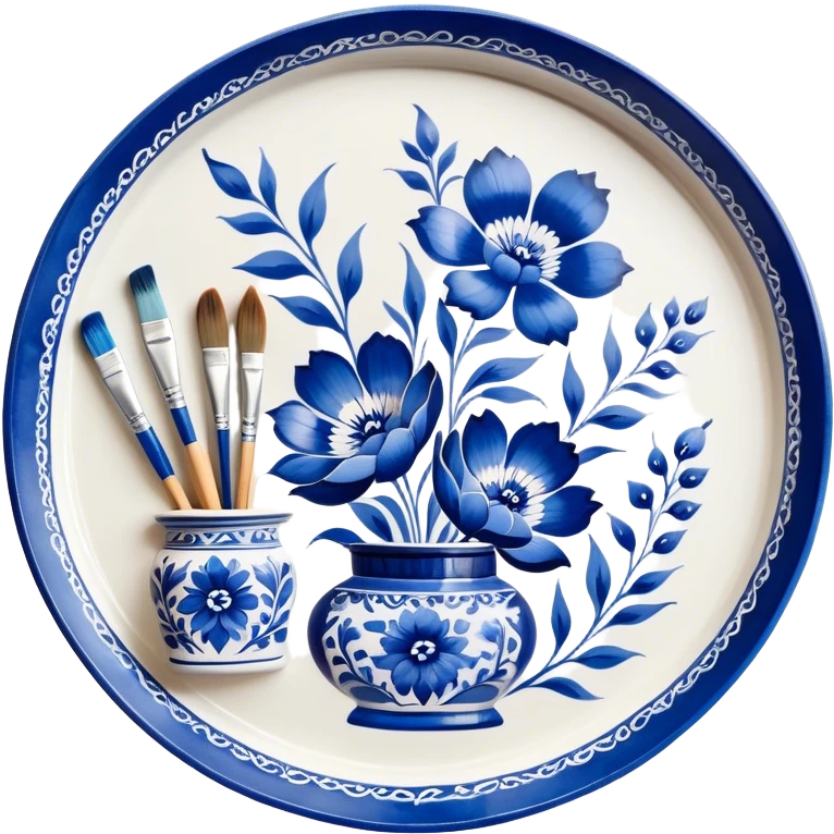 Gzhel-style metal painting icon, hand-painted Gzhel-style metal tray with intricate blue and white floral patterns, visible paintbrush and paint pots, metal surface in the process of being painted, no finished artwork, just the painting process, minimalistic style, clean lines, transparent background. emoji